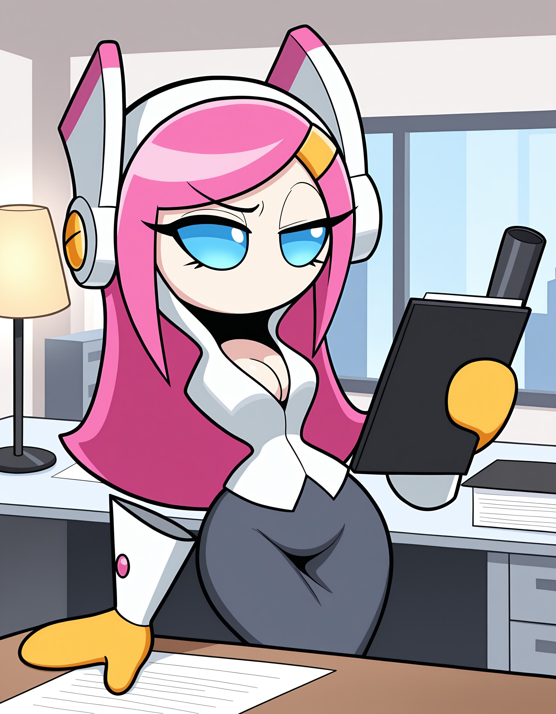 masterpiece, best quality, amazing quality, very detailed, newest, no humans, solo, WnKrbSs, pink hair, blue eyes, colored sclera, pale skin, (floating hands, floating head), white shirt, headband, hood, gray skirt, yellow gloves, looking away, cowboy shot, 1girl, anthro, secretary, office, desk, lamp, papers, hand on desk, cleavage, wide hips, raised eyebrow, bored, holding notepad, diploma on wall, (no mouth), <lora:ba1328b4-66eb-4282-9436-0028ccf88215:0.9>