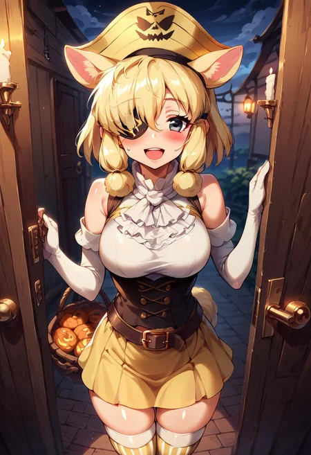 1girl, ((solo)), best quality, ultra-detailed, extremely detailed, perfect anatomy, masterpiece, score_9, score_8_up, score_7_up, Expressiveh, alpaca suri (kemono friends), alpaca ears, hair over one eye, bangs, blonde hair, grey eyes, sidelocks, hair tubes, hair bun, tail, short hair, horizontal pupils, outdoors, neighborhood, trick-or-treating, pumpkins, candles, halloween, trick-or-treater, holding halloween basket, candy basket, front_door, open door, standing at the front door, viewer pov, pirate, light-yellow pirate hat, (pirate hat:1.1), light-yellow pirate outfit, light-yellow blouse, light-yellow skirt with trim, light-yellow thighhighs, thighhighs, striped thighhighs, striped gloves, thigh squish, fully clothed, pirate gloves, pirate boots, belt, accessories, white trimmed sleeves, white trim, curvy, medium breasts, blushing, looking at viewer, soft blush, open mouth smile, cute look, closeup, depth-of-field, ears sticking out of hat, thobrine, shiny skin, yellow eyepatch, (eyepatch:1.1), pirate_eyepatch,