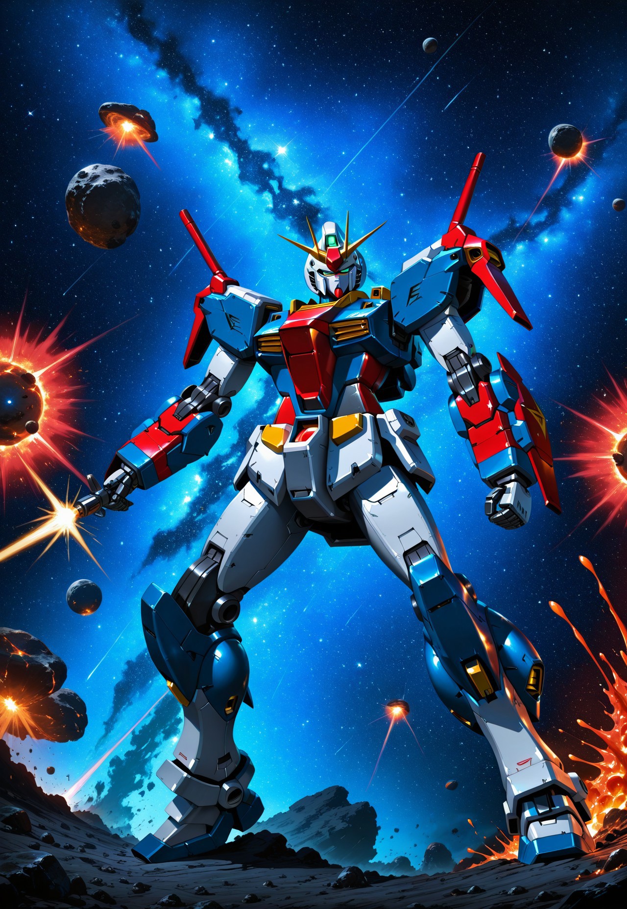 Gundam mecha, space background, epic battle scene, metallic colors, deep gray, electric blue, molten red highlights, beautiful, asteroid field, starry background, cinematic scale contrast, masterpiece, photorealistic, highly detailed.