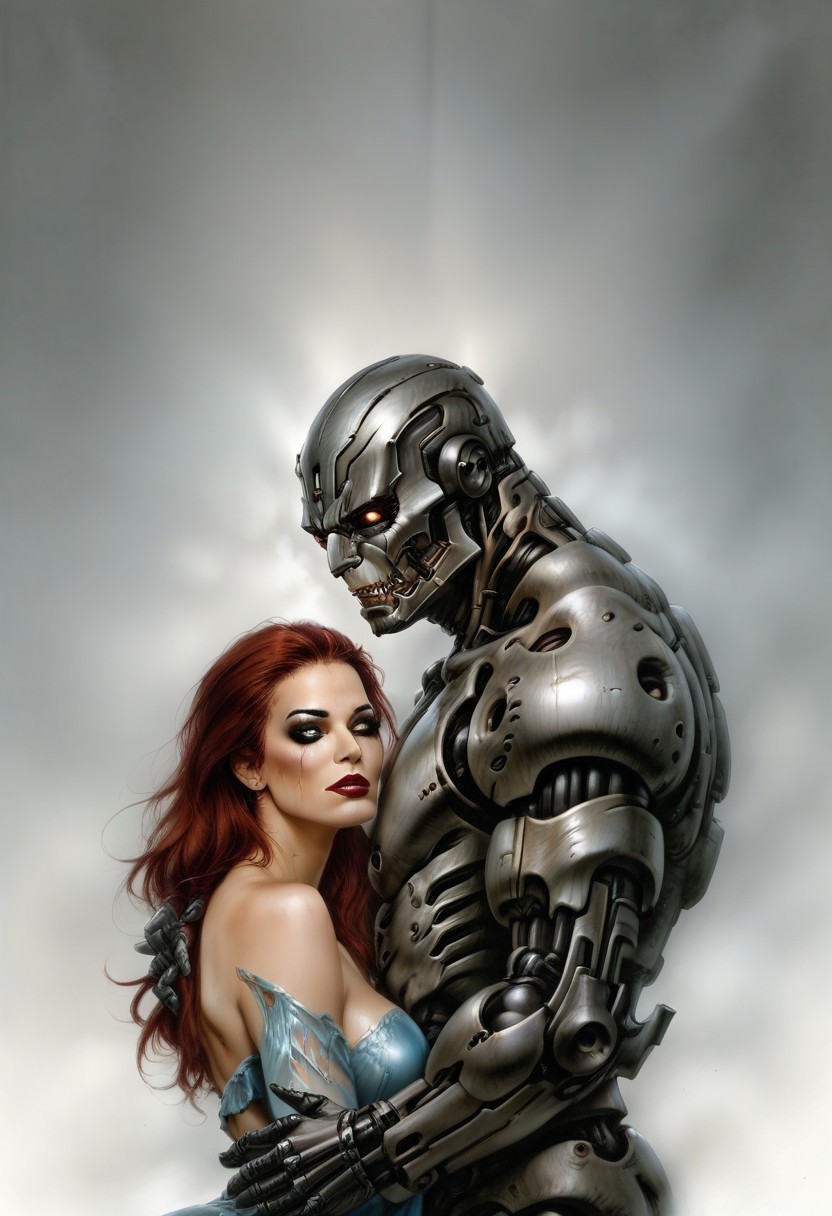 score_9, score_8_up, score_7_up, score_6_up, semi-realistic, (1girl), (1boy).  
MonsterLove, male robot, Chrome robot. 
blondie girl with sexy makeup.
Hug.