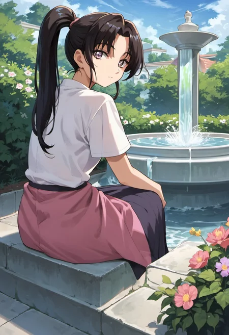 score_9, score_8_up, score_7_up, source_anime, kosaka shigure, black hair, long hair, light purple eyes, ponytail, 1girl, flower, skirt, fountain, outdoors, sitting, shirt, jewelry, sky, looking at viewer