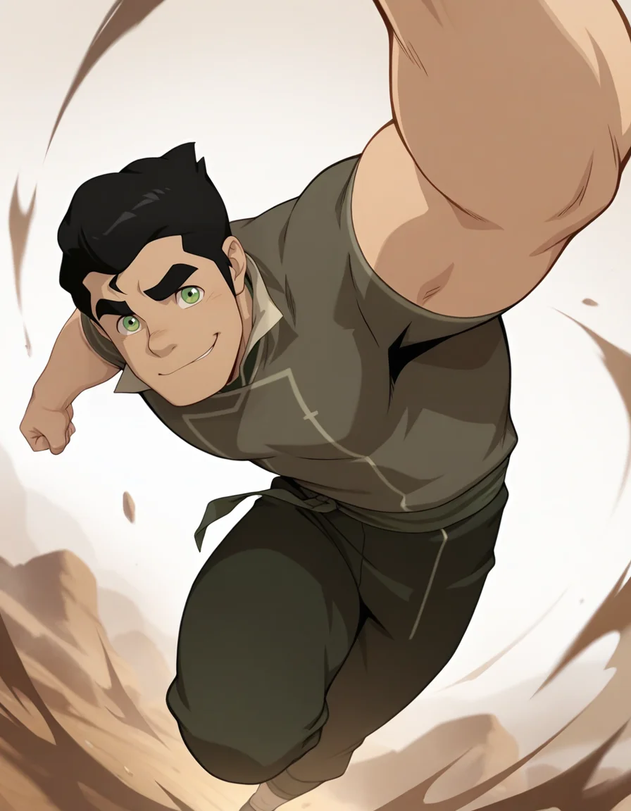 masterpiece, best quality, amazing quality, <lora:Bolin_IL:0.9>, Bolin-ARAI-IL, 1boy, solo, male focus, black hair, short hair, green eyes, muscular, pants, shirt, smile, dynamic pose, dynamic angle, close up, <lora:cfg_scale_boost:0.4>