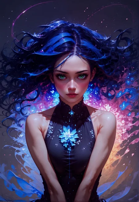 score_9, score_8_up, score_7_up, 1girl, realistic, long hair, wind, galaxy, solo, black dress, floral theme, from front, facing viewer, milky way, blue glow, purple hue  <lora:sdxl\Concept Art Twilight Style SDXL_LoRA_Pony Diffusion V6 XL:0.8>, concept art, <lora:sdxl\Expressive_H-000001:0.8>, expressiveH <lora:sdxl\pony_vixon_galaxy:0.7>, g4l4xy <lora:sdxl\sinfully_stylish_SDXL>