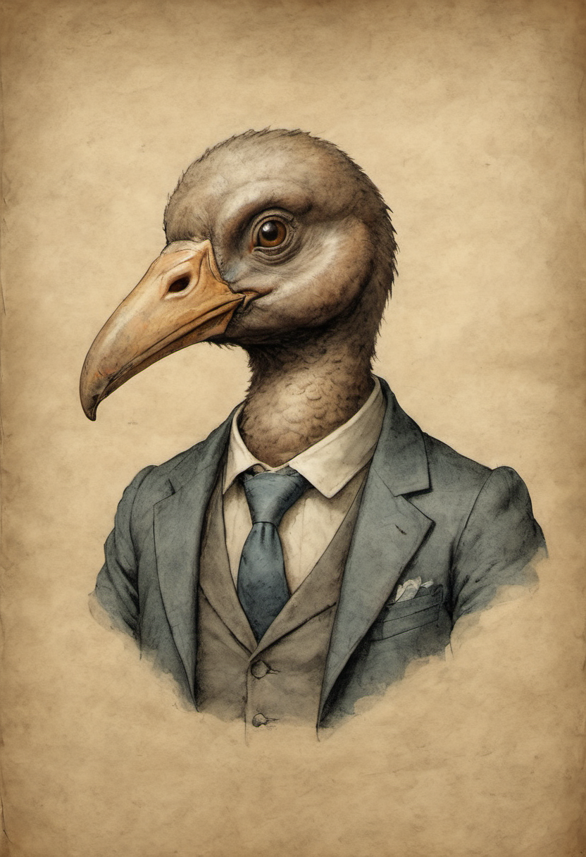 on parchment portrait of a dodo wearing a suit