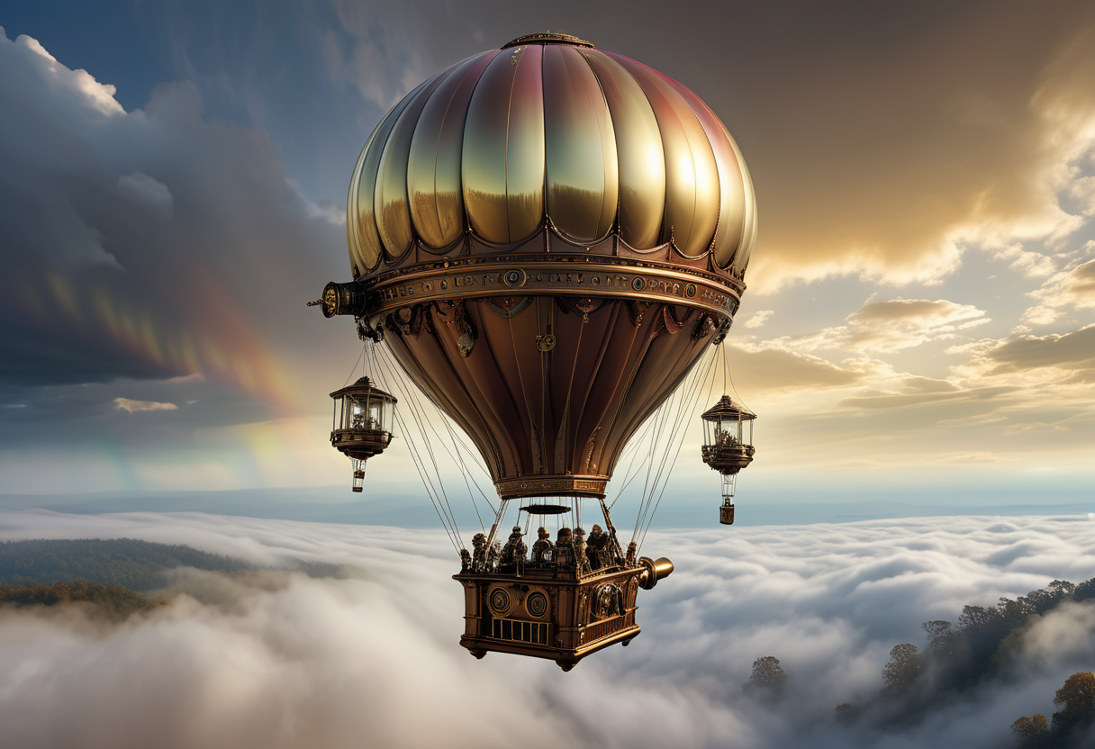 award winning, (professional photo) of (brass-clad large brass steampunk balloon) with brass body,  adorned with clockwork details, the aircraft is flying over  a mystical cloudscape, with swirling mists, vibrant rainbows, and an ethereal atmosphere that feels otherworldly, in the fog, , creative, beautiful, vibrant, masterpiece, 64k, UHD, HDR, full view, atmospheric lighting, extremely detailed