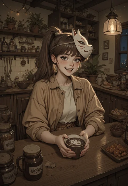 (atmosphere, masterpiece, high_quality, absurdres, very aesthetic, blurry_background, grainy_texture, film_grain, light particles textured clothing, textured hair, painterly, watercolor_\(medium\), colored_pencil_\(medium\), blending)
(w1tchyc0ttagec0re, petting fox in foreground, 1girl, solo, long_hair, blush, looking_at_viewer, smile, open_mouth, brown_hair, photoshop_(medium), shirt, brown_eyes, green_eyes, jacket, ponytail, flower, :d, food, teeth, indoors, cup, window, mask, night, chair, table, high_ponytail, bottle, plant, bowl, lantern, mug, potted_plant, mask_on_head, fox_mask, coffee, shelf, kitchen, jar, shop, mask_removed, counter, inuyasha),artist:moriimee