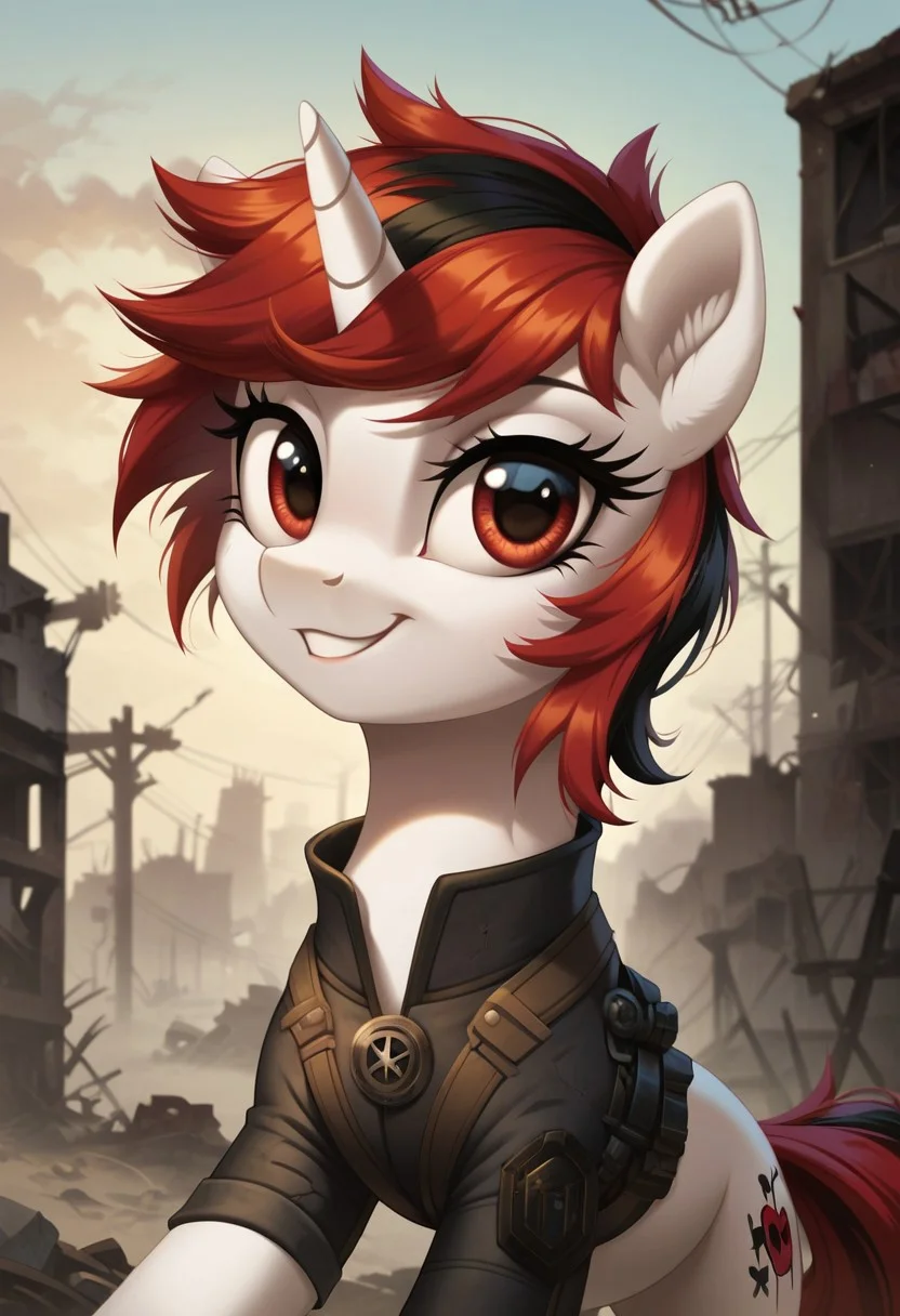 score_9, score_8_up, score_7_up, score_6_up, score_5_up, score_4_up, my little pony, solo, pony, feral pony, unicorn, white skin, blackjack, wasteland, abandoned city, black fallout costume, happy, look at you, beautiful, detailed, (detailed cute pony face), detailed fur, beautiful, vector, flat colors, (beautiful long eyelashes), ((close-up)), high angle