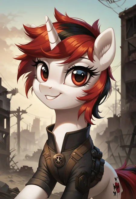 score_9, score_8_up, score_7_up, score_6_up, score_5_up, score_4_up, my little pony, solo, pony, feral pony, unicorn, white skin, blackjack, wasteland, abandoned city, black fallout costume, happy, look at you, beautiful, detailed, (detailed cute pony face), detailed fur, beautiful, vector, flat colors, (beautiful long eyelashes), ((close-up)), high angle