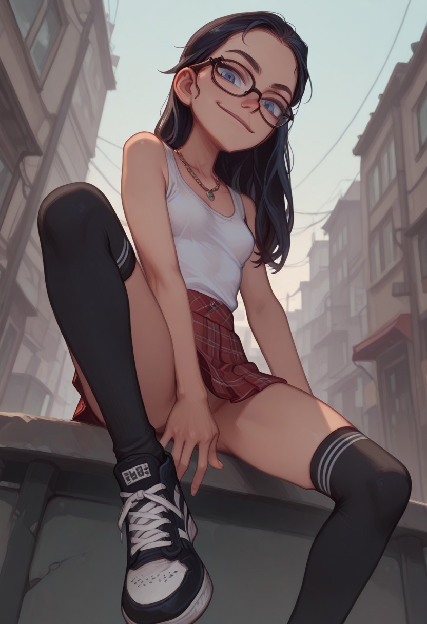 1girl, asian girl ((slim body)), (small breasts), Dynamic angle, Dynamic pose, NSFW, athletic sneakers, plaid skirt, black knee high socks, necklaces, blue eyes, dark hair, long hair, sitting, from below, outdoors, street, white tank top, smirk, glasses, looking at viewer, feas0n