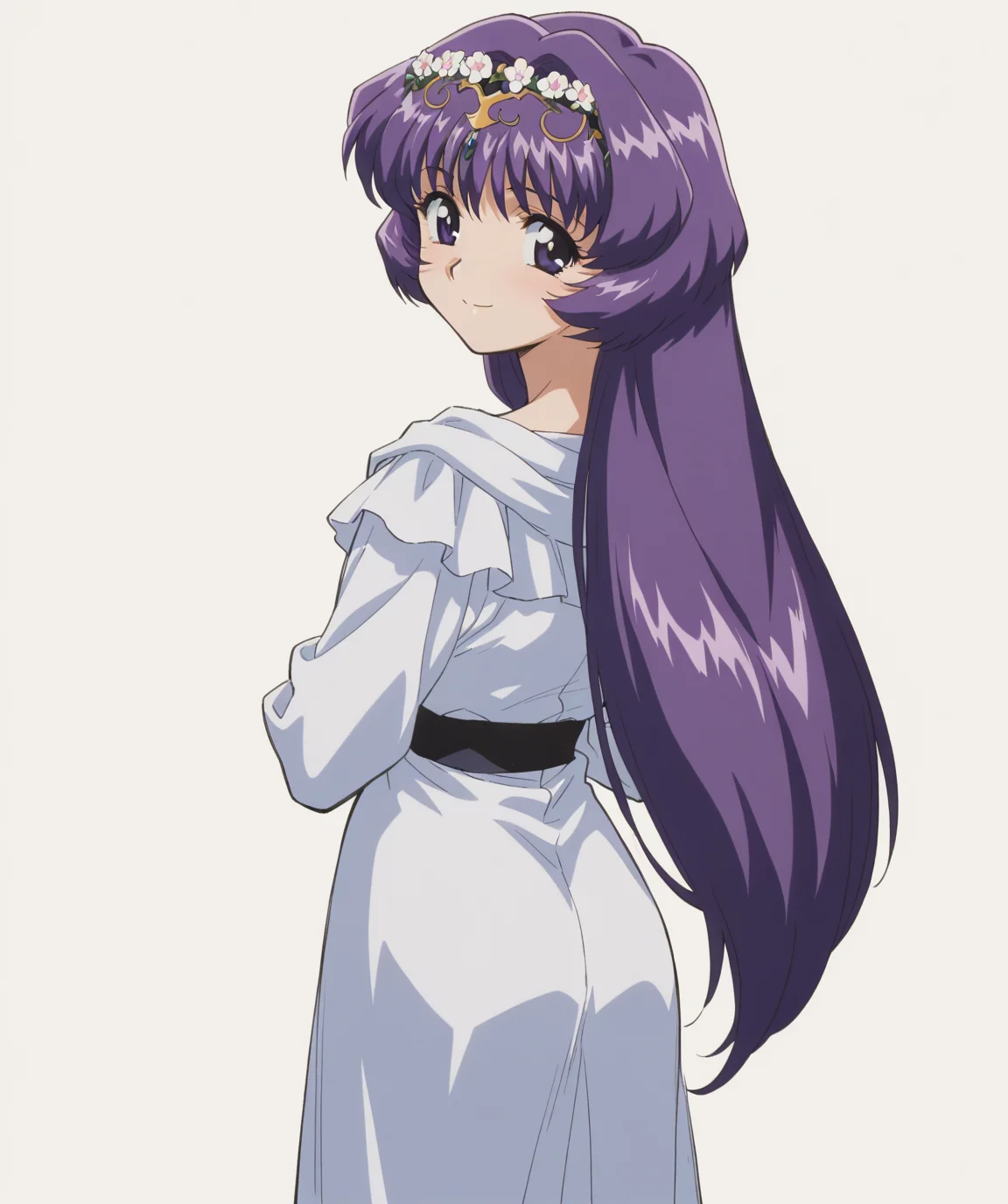 masterpiece, best quality, amazing quality, very aesthetic, ultra detail, clear line, solo, <lora:little_niece_v01:0.8>, little niece, purple eyes, long hair, dark purple hair, flower circlet, white dress, black band, smile, cowboy shot, from behind, simple background, <lora:LECO_BadHands:1.2>, <lora:LECO_GoodHands:-1.2>