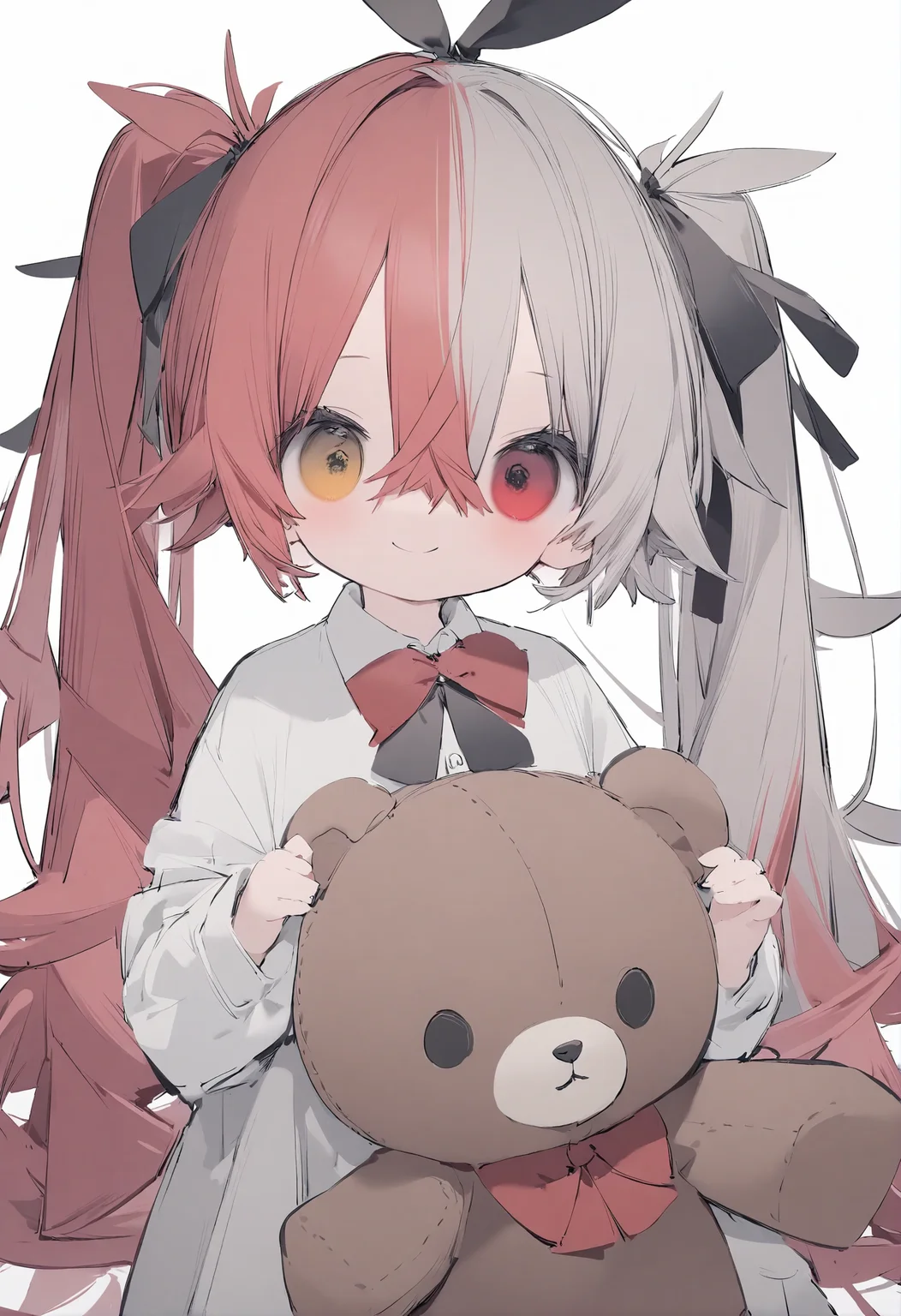 1girl,
nanmokaken,
holding, hands up, flower, long hair, red bow, bow, long sleeves, stuffed toy, hair ribbon, simple background, upper body, white background, ribbon, red eyes, hair between eyes, very long hair, black ribbon, heterochromia, bowtie, red bowtie, shirt, grey hair, white shirt, pink hair, stuffed animal, smile, teddy bear, holding stuffed toy, solo, red hair, split-color hair, closed mouth, collared shirt, yellow eyes, two-tone hair, twintails, multicolored hair,
masterpiece, best quality, newest, safe
<lora:nanmokaken_image36_2024-03-28_a31-000045:1>