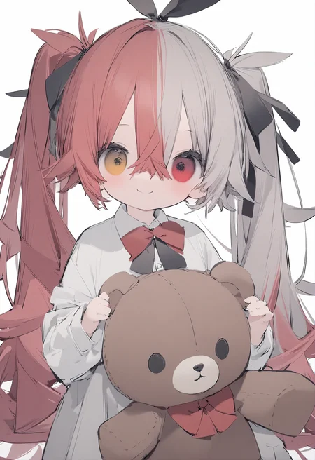 1girl,
nanmokaken,
holding, hands up, flower, long hair, red bow, bow, long sleeves, stuffed toy, hair ribbon, simple background, upper body, white background, ribbon, red eyes, hair between eyes, very long hair, black ribbon, heterochromia, bowtie, red bowtie, shirt, grey hair, white shirt, pink hair, stuffed animal, smile, teddy bear, holding stuffed toy, solo, red hair, split-color hair, closed mouth, collared shirt, yellow eyes, two-tone hair, twintails, multicolored hair,
masterpiece, best quality, newest, safe
<lora:nanmokaken_image36_2024-03-28_a31-000045:1>