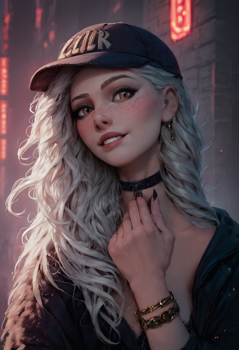 score_9, score_8_up, score_7_up, score_6_up, score_5_up, score_4_up, rating_explicit, 1girl, mischievous, Flora Heloise Daisy, fit woman, rabbit ears, rabbit tail, rabbit feet, 29 year old, face focus, blush, platinum blonde hair, beautiful face, bangs, ((Luscious hair, flowing hair, soft hair, full hair):1.2), black chocker, yellow eyes, toned, slender, perfect big saggy breasts, freckles, nice butt, wide hips, thick thighs, ((detailed fluffy fur, realistic fur, soft fur, fluffy fur, realistic lighting, natural lighting, soft lighting, subsurface scattering,):1.3), beautiful, (hazel eyes), detailed face, realistic face, make up, black lipstick,long nails, black nails, black eyes, sm eyeshadow, long eyelashes, eyeliner,full lips, close up on face, face close up, choker, rings, bracelet, perfect hands, seductive smile, great view,pose,
Break
Baseball cap, black hoodie, long skirt, smiling
Break
City streets, winter, paw pose, crouching, glowing, neon