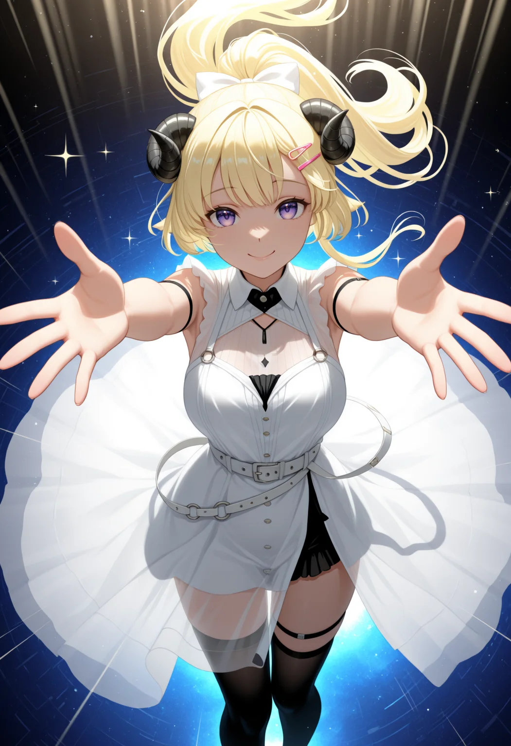 masterpiece, best quality, 1girl, solo, W4tameNghtFvr, horns, blonde hair, purple eyes, ponytail, micro hair bow, white bow, pink hairclip, white dress, sleeveless dress, white belt, see-through, arm strap, thigh strap, black thighhighs, from above, looking at viewer, incoming hug, reaching towards viewer, falling, abstract background, sparkle, flashes of light, light rays, backlighting, smile, on back, floating, <lora:ChamTsunomakiWatameNoob:1>
