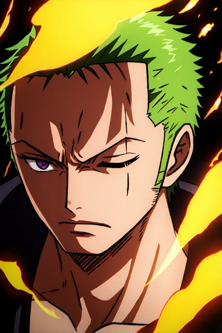 1boy, wanostyle, roronoa zoro, angry looking, katana,  (one eye closed),  scar across eye,  solo, upper body, (((masterpiece))), ((best quality)), (extremely detailed), watercolor, illustration, depth of field, sketch, dark intense shadows, sharp focus, soft lighting, hdr, colorful, good composition, purple fire all around, spectacular, green hair, <lora:wanostyle_2_offset:1>