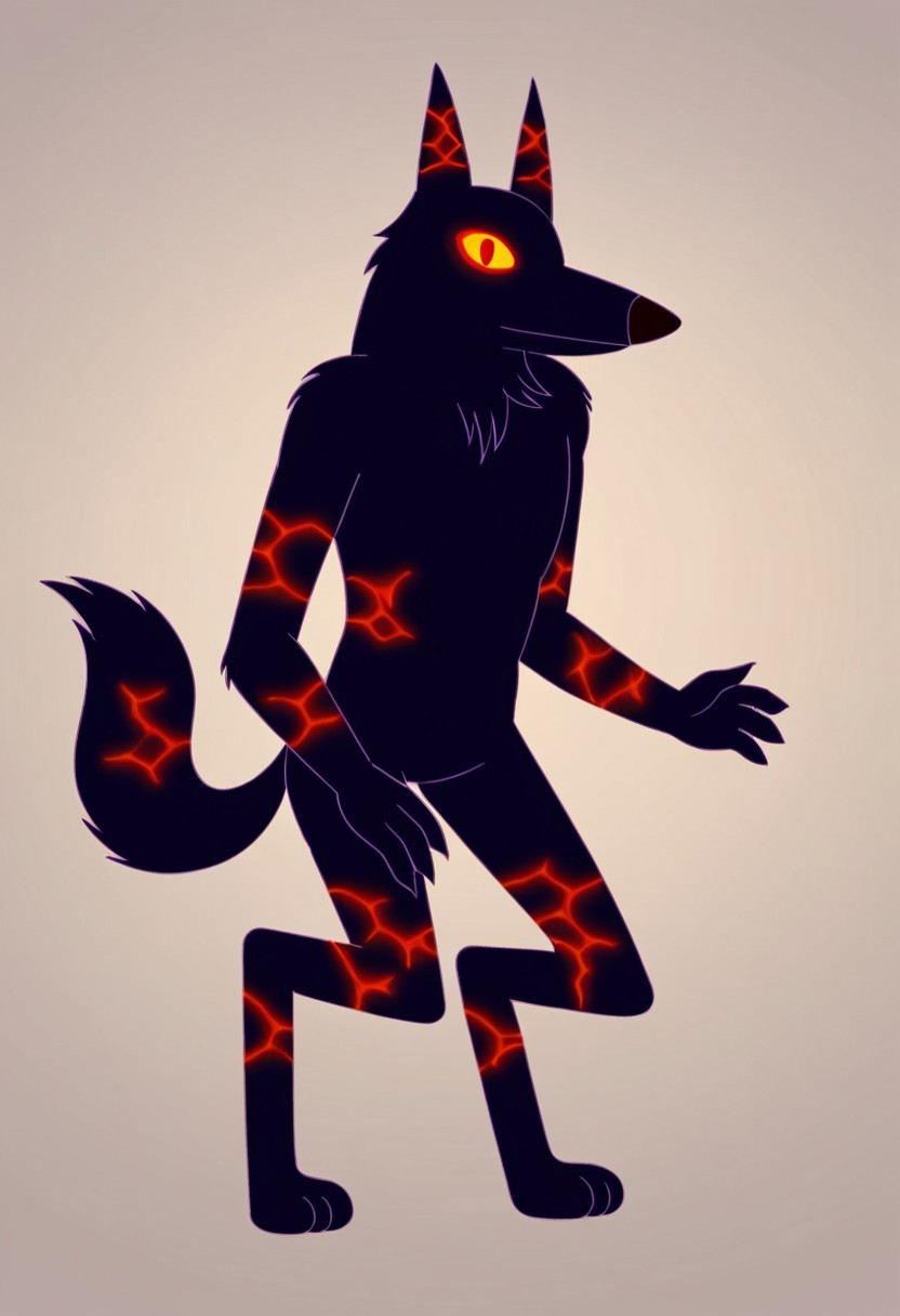 score_9, score_8_up, score_7_up, score_6_up, score_5_up, score_4_up, high quality, hires, 2d (artwork), 2d, cartoon style, ((((solo)))), (Fire Wolf \(Adventure Time\), wolf, ((orange red cracks on wolf body)), volcanic rock  body with cracks, pawhands, anthro, ((((Very dark violet lines))), red pupils, standing upright, ((bipedal)), wolf tail,((( Very dark violet lower lip, )))), Very dark blue black fur, (((anthro))), anthrofied, (((7 teeth))), Very dark blue black body, elemental creature, fire creature, ((nude)), yellow eyes, ((Glowing eyes)), tail, detailed fingers, hands down, ((3 toes)), 4 fingers), background