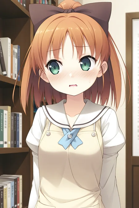 masterpiece, best quality, absurdres, official art, official style, rating general BREAK <lora:minagawayuuhi_IL_v1-1:0.7>, minagawa yuuhi, 1girl, solo, open mouth, green eyes, brown hair, orange hair, short hair, high ponytail, wide ponytail, hair bow, black bow, large bow, medium breasts, small breasts, school uniform, serafuku, white sailor collar, yellow sweater vest, white shirt, juliet sleeves, sleeves past wrists, yellow apron, upper body, indoors, close-up, bookshelf, book,
nose blush, 3:, closed mouth, embarrassed, frown, looking away, looking to the side, shame, wavy mouth