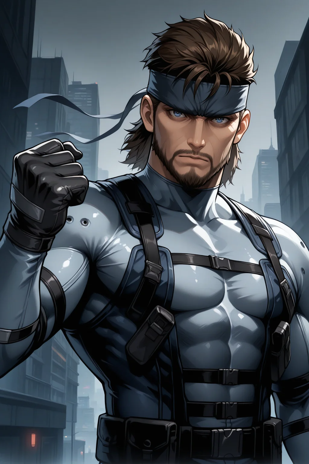 masterpiece, best quality, , male focus <lora:solidsnake-illu-nvwls-v1:1> solidsnk, brown hair, short hair, dark blue eyes, beard, mustache, dark blue headband, grey bodysuit, harness, black gloves, looking at viewer, grey sky, city, upper body, looking at viewer, toned, expressionless, waist, dark theme. hand up, clenched hand, mature male