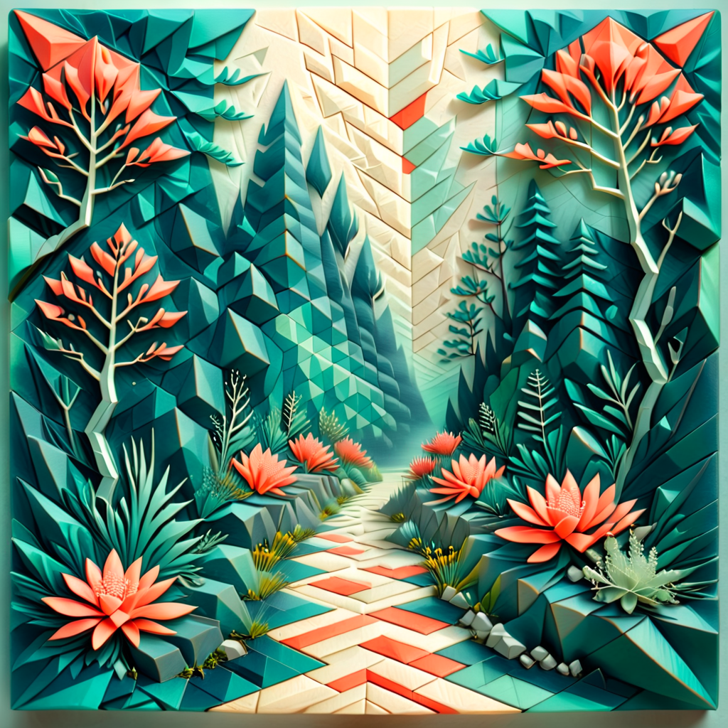 geometric nature print, plateau, polygons, encaustic, linen, cubism style, Perspective Shift, teal and coral, geometric pattern, double exposure effect, vibrant highlights accents, op art, satin texture, satin finish <lora:artfully_DEPTHMAP:0.8>,  depth map, in the style of carved relief, embossing, encaustic, papercraft,