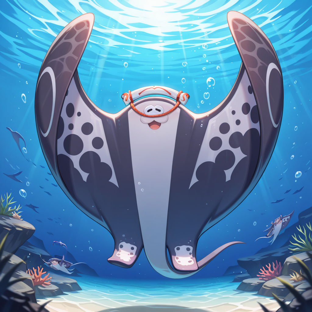 masterpiece, best quality, newest, absurdres, highres, safe, <lora:Big_Man_Splatoon_-_IL:1> big man, manta ray, dark grey and light grey body, fins, headwear, cute face, :3, swimming in the ocean, swimming, underwater background, looking at viewer, detailed background,  (((shaded))), ((detailed)), ((vibrant)), <lora:NOOB_EPSv1_1_detailer_by_vlnvk_v1_0:1>