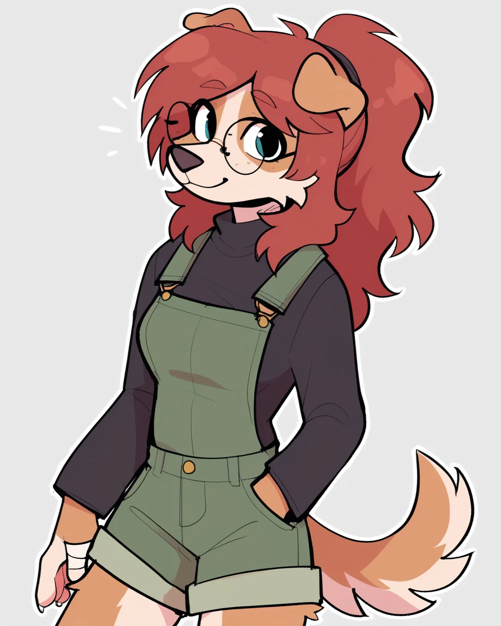 score_9_up, score_8_up, score_7_up, score_6_up, by remanedur, half-length portrait, long hair, ponytail, brown fur, round glasses, medium breasts, furry female, dog, female, furry, floppy ears, looking at viewer, solo, smile, happy, three-quarter view, head tilt, overalls, shorts, black long sleeves, bandages, tail, simple background, white outline, <lora:Leah_Pines(AIM)_XL_v1:0.15> <lora:PDXL_artist_tags_v2_big:0.5> <lora:The-Minuscule-Task_PDXL_v1.0:0.6> <lora:Pepper_shany1x:0.55>