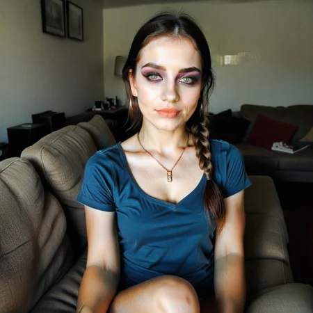 earrings, t-shirt, makeup, braid, green eyes, necklace, blue tank top, brown eyes, breasts, sitting on the couch in the living room, high definition eyes