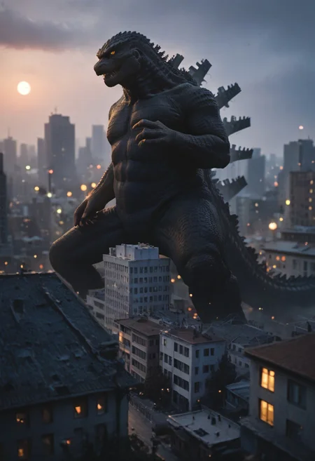 Score_9, score_8_up, score_7_up, score_6_up, zPDXL3, Godzilla, wide shot, BREAK, realistic,hyperrealism,ornate,studio photograph, Godzilla kaijuu mesogts,gigantic monster, lateral pose, model_building, model_kit_(medium), M1n14tur3 city skyline, plastic buildings, forced perspective, redsky, black clouds, yellow full moon, blurry background, building, outdoors, night, model city, plastic buildings, plastic, model buildings, toy buildings,
