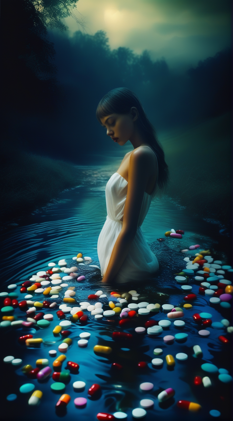 girl bathing in the river with pills, darkness, enigmatic dreamscape <lora:pills:1>