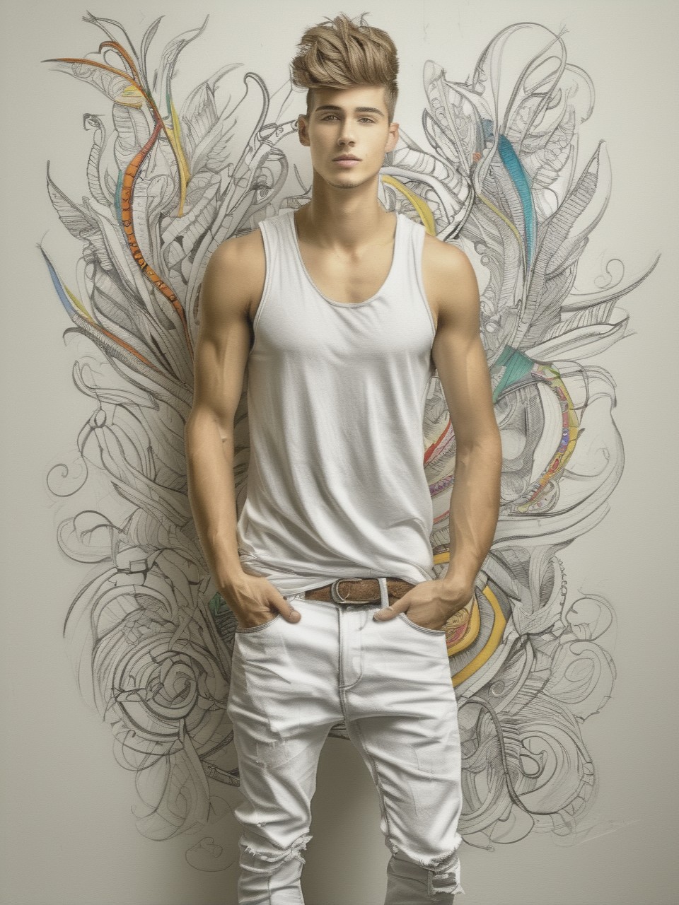 sketch, doodle, drawing, illustration, beginner level, masterpiece, intricately detailed, best quality, absurd resolution, a handsome young man, 18yo, full body, white tank, jeans, colorful background
 <lora:artfullyILLUSKETCH_SDXL_V1:1.0> artllsktch