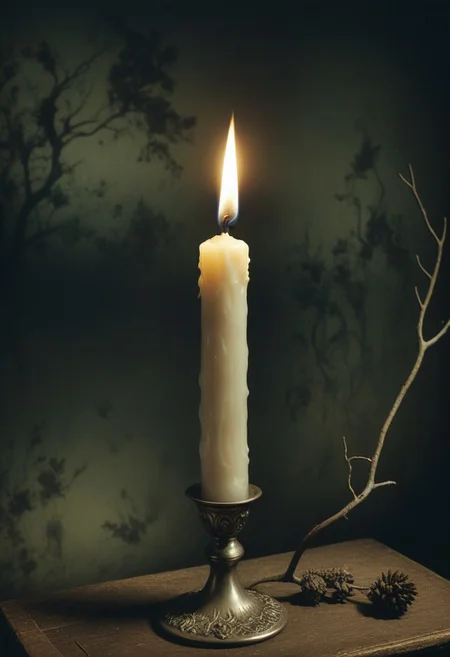 (A candle flickering in the wind), (style of Ralph Blakelock, Ed Emshwiller, Marianna Rothen, Arthur Rackham, Niko Anttila)