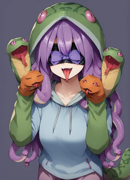 aesthetic, score_9, score_8_up, score_7_up, 32k,BREAK absurdres, simple background
medusa slave, snake hair, monster girl, gorgon, long hair, purple hair, mature female, solo
open mouth, smile, blindfold BREAK
SnakeCostume, tongue, fang, hood, tongue out, hoodie, :p, pajamas, animal hood, animal costume, slit pupils, forked tongue, hands up, puppet, hand puppet
<lora:medusa_slave-v2-pony:1>, <lora:Pony_DetailV2.0:1> <lora:age_slider_v4:1>, <lora:SnakeCostume:1>, <lora:snake-hair-ponyxl-lora-nochekaiser:1>