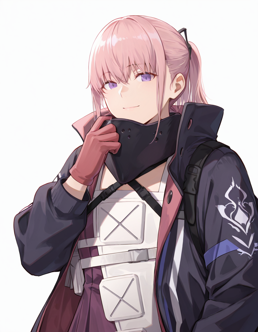 Volumetric Lighting, (masterpiece), (best quality), (ultra-detailed), masterpiece, source_anime, score_9, score_8_up, score_7_up BREAK, illustration, disheveled hair, detailed eyes, perfect composition, moist skin, intricate details, detailed eyes, detailed face, detailed fingers BREAK, purple eyes, pink hair, ponytail, sidelocks, hair between eyes BREAK, AR15MOD3, layered clothes, MOD3_vest, white vest, MOD3_jacket, black jacket, MOD3_dress, pink dress, MOD3_chest_strap, MOD3_gloves, MOD3_battle_mask, MOD3_hair_ornament, BREAK, ((white background)), looking at viewer, smile, upper body, face focused, hand up