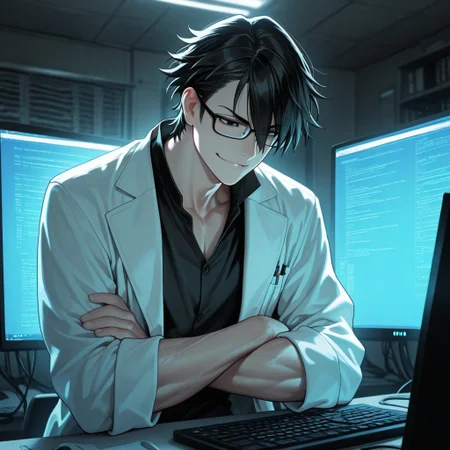 masterpiece, best quality, amazing quality, absurdres, newest, detailed background, definition so sharp, Ultra-HD, 8K cinematic, very awa, impressionate, amazing quality, highres,
solo, male focus, manly,
saruhikofushimi, saruhiko_black hair, saruhiko_black eyes, 1boy, short hair, glasses, looking down, smirk, crossed arms, lab coat, computer screen, data stream, cool lighting, focused, calculating, intelligent, slightly intimidating, charming