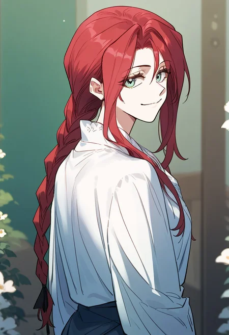 zPDXL3, score_9_up, score_8_up, score_7_up, (Anime_source), 1girl, AstinaLette, green eyes, red hair, long hair, Going-out clothes, single braid, looking at viewer, smile, closed mouth, upper body, (looking back)