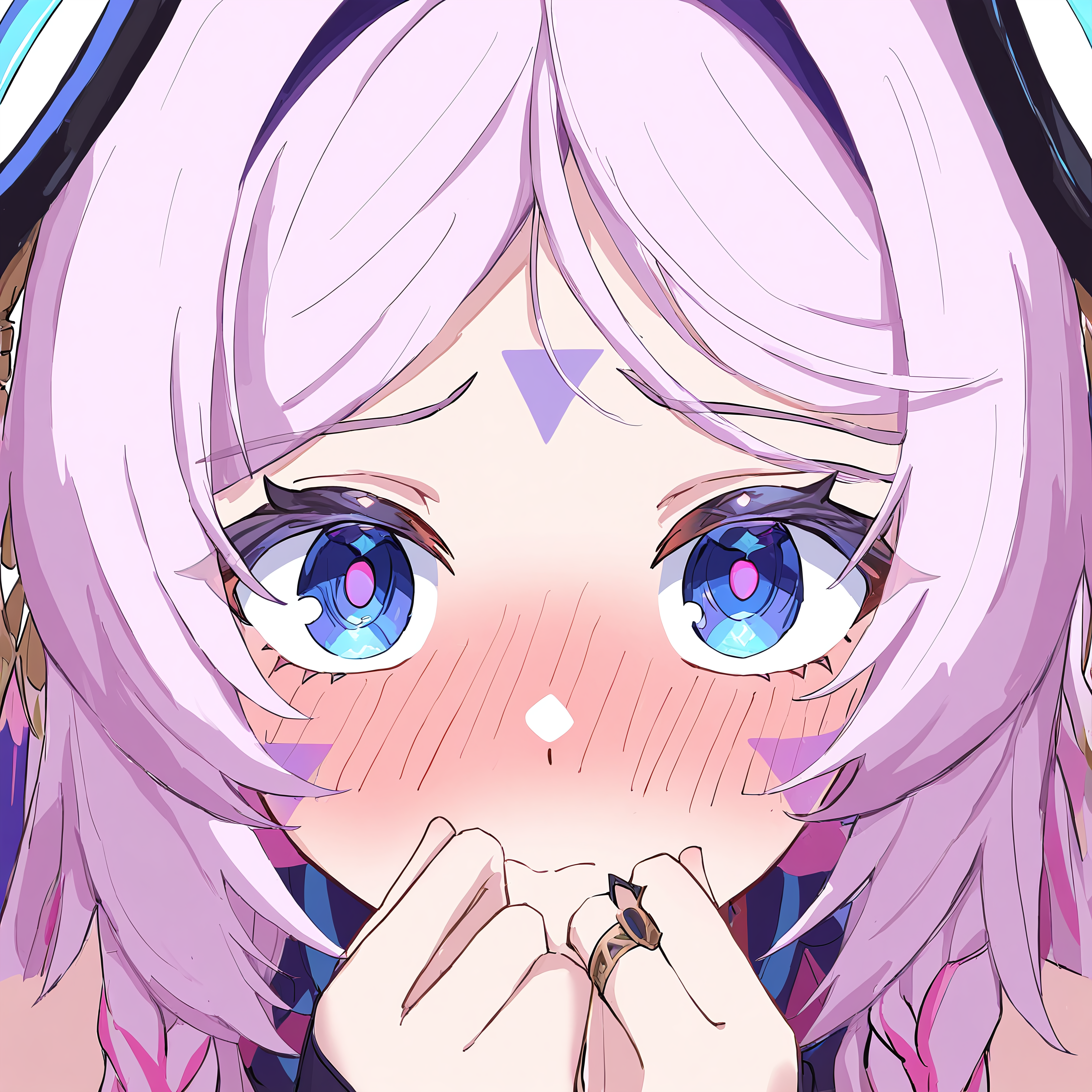 1girl, solo, citlali, ring hair ornament, close-up, shy, hands on cheecks, blush, embarrassed, blue eyes, pink pupils, confused, worried, masterpiece, best quality, absurdres, highres,