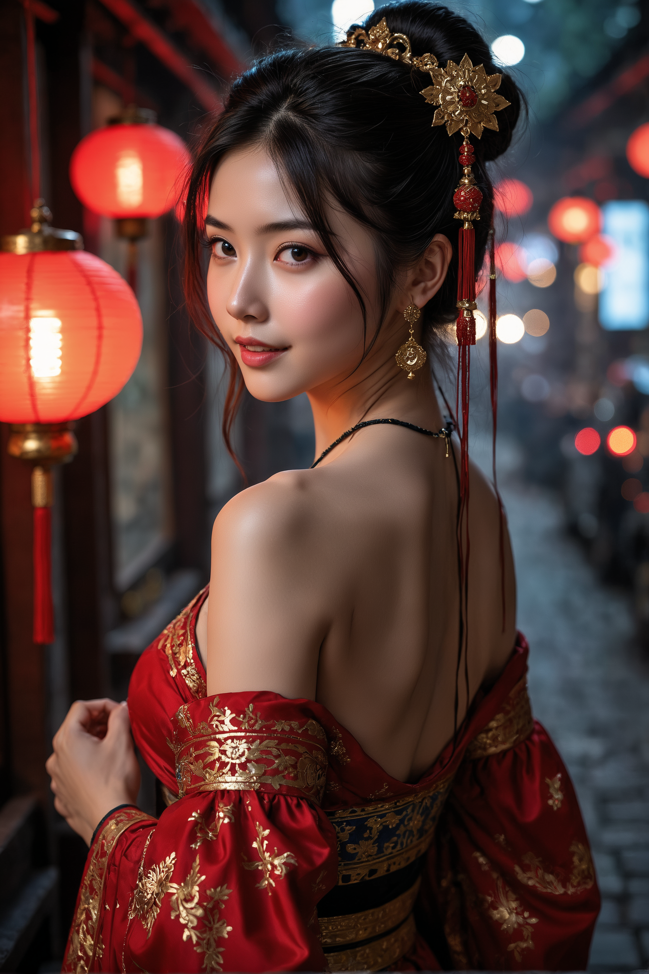 18 year old cute chinese young girl,(chinese hanfu:1.3),Cinematic Lighting,(from_above:1.3),backlight,low light,late night,real human skin,colorful,very detailed,stunning details,classy,big breasts,looking_back,