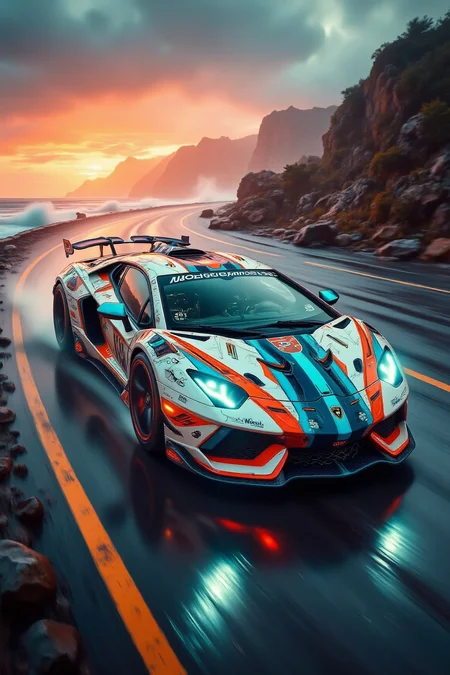 YFG-Sm0rg, YFG-Zaat, Dreamscape A bright vivid color graffiti Lamborghini Aventador with pilot speeds on a wet road along the ocean vivid color. Speed_lines, (racing stripes motion blur going really fast deep focus:1.4). The car's headlights illuminate the road and the crashing waves on the shore. The setting sun casts warm and vibrant colors across the sky and water. The winding road weaves through a beautiful landscape, graffiti, creating a sense of freedom and adventure, depth of field, Bokeh, contour_deepening, motion_lines, cinematic lighting. Surreal, ethereal, dreamy, mysterious, fantasy, highly detailed.