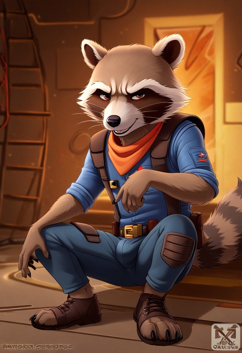 best quality, masterpiece, amazing quality, very aesthetic,Anthro,rocket raccoon,raccoon boy,brown fur,brown eyes,tail,short male
