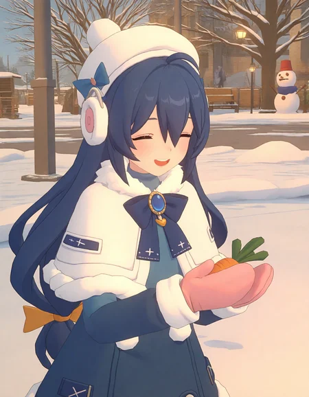 1girl, solo, blue bow, long hair, closed eyes, bow, outdoors, snowman, blue hair, open mouth, ahoge, smile, mittens, snow, capelet, blush, rabbit, earmuffs, fur trim, carrot, brooch, long sleeves, bangs, day, coat, tree, lamppost, hat, blue bowtie, very long hair, bowtie, teeth, gloves, hair between eyes, white capelet, :d, jewelry, hair bow, fur-trimmed coat masterpiece,best quality,zzzstyle,<lora:zzz_style_noob_eps1.1:0.8>,