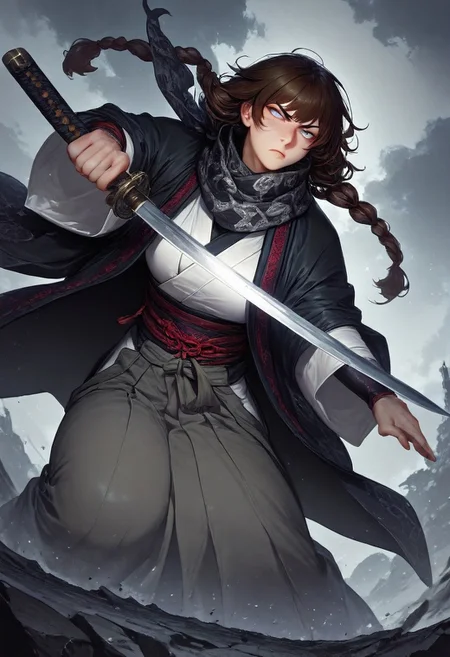masterpiece, best quality,high quality, newest, highres,8K,HDR,absurdres, 1girl, mature female, solo, long dark brown hair, front twin braids, short hair fringe, blue-grey eyes, black pupils, serious scowling expression, black and black checker patterned scarf, white kimono, black haori, grey hakama, katana, samurai fantasy battlefield, stormy sky, dynamic pose, intense lighting, detailed background, depth of field, dynamic composition, foreshortening, detailed background, dynamic pose, dynamic composition,dutch angle, detailed backgroud,foreshortening,blurry edges <lora:iLLMythG0thicL1nes:1> G0thicL1nes