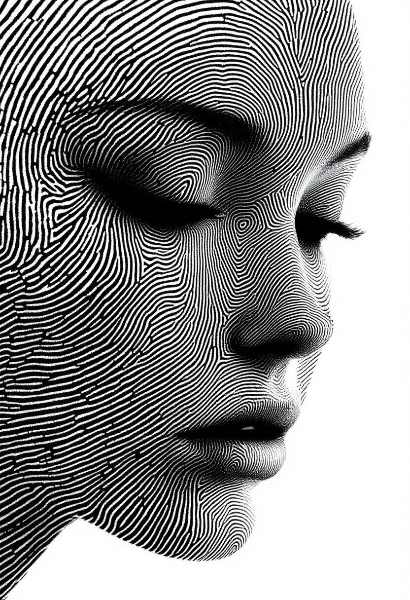 Surreal A human face emerges from an intricate composition of dark grey fingerprint patterns on a pristine white background. The facial structure and features are formed entirely by overlapping fingerprint swirls and ridges, with varying densities creating depth and dimension. The fingerprint impressions are sharp and precise, revealing every minute detail and ridge pattern. Minimalist artistic design with dramatic black and white contrast and precise line work.