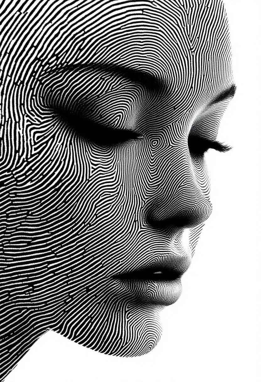 Surreal A human face emerges from an intricate composition of dark grey fingerprint patterns on a pristine white background. The facial structure and features are formed entirely by overlapping fingerprint swirls and ridges, with varying densities creating depth and dimension. The fingerprint impressions are sharp and precise, revealing every minute detail and ridge pattern. Minimalist artistic design with dramatic black and white contrast and precise line work.