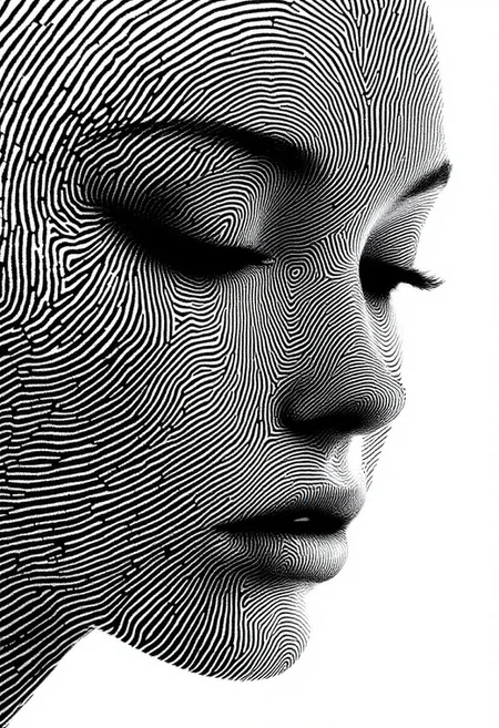 Surreal A human face emerges from an intricate composition of dark grey fingerprint patterns on a pristine white background. The facial structure and features are formed entirely by overlapping fingerprint swirls and ridges, with varying densities creating depth and dimension. The fingerprint impressions are sharp and precise, revealing every minute detail and ridge pattern. Minimalist artistic design with dramatic black and white contrast and precise line work.