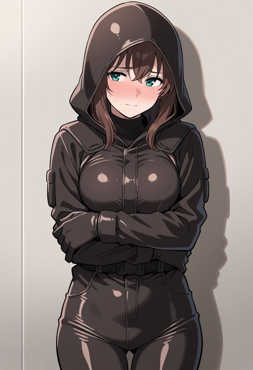 masterpiece, best quality, good quality, agguypilotsuit, 1girl, woman, shy,  hood, solo