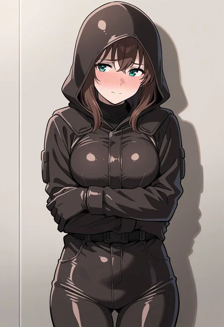 masterpiece, best quality, good quality, agguypilotsuit, 1girl, woman, shy, hood, solo