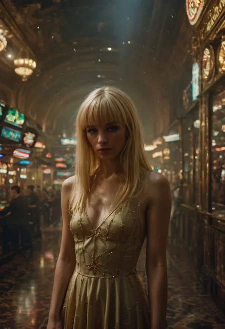 Award-winning ultra-detailed photograph of an underground Soviet casino, where a young blonde with blunt bangs is losing at roulette. She is clearly drunk and sad, tears pouring from her eyes. Her long blonde hair radiates a golden glow in the style of religious iconography. Tight Dollskill dress. Moody colors.