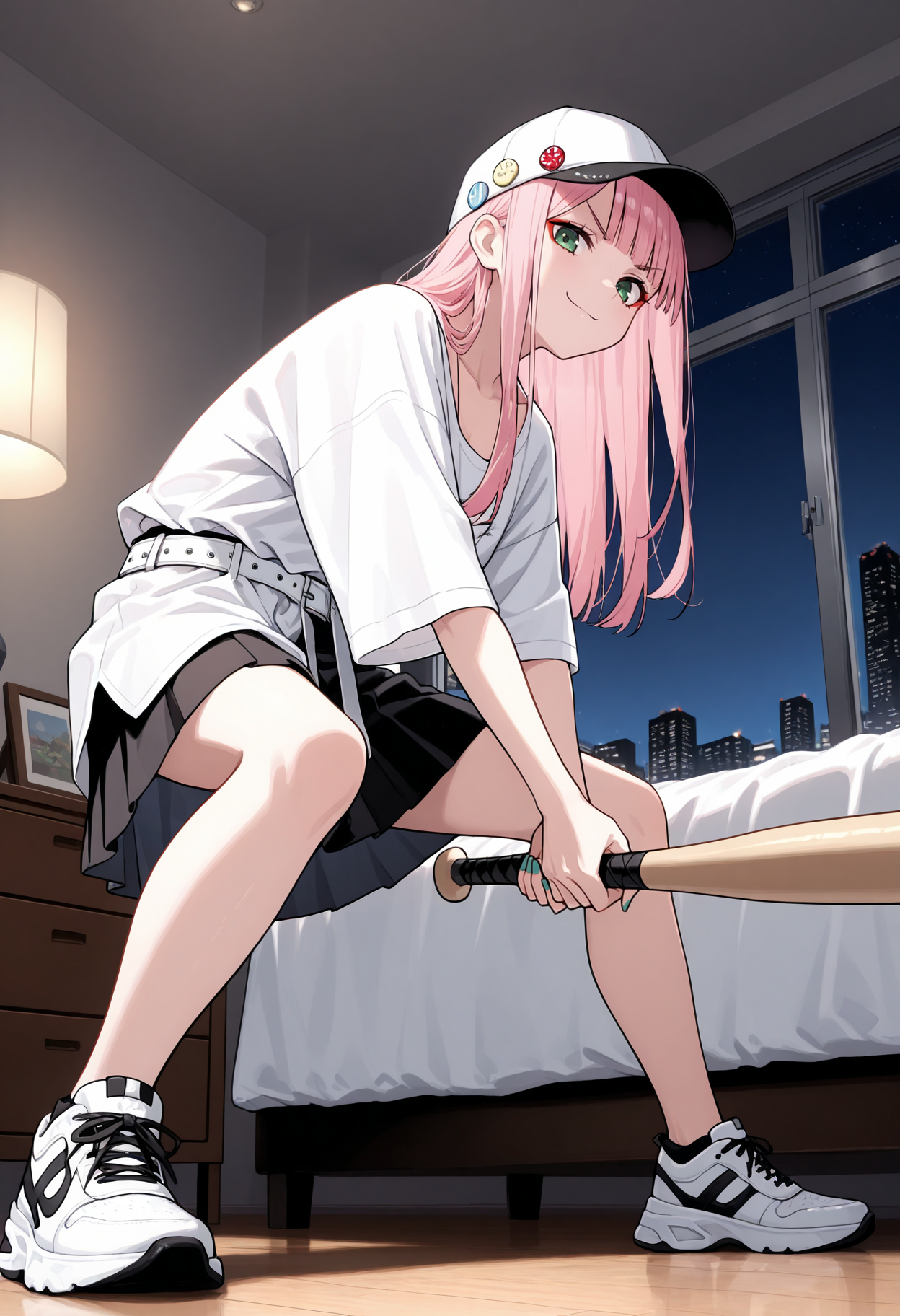 masterpiece, best quality, 1girl, solo, blunt bangs, long hair, pink hair, red eyeshadow, baseball cap, fashion, hat, hat pin, oversized clothes, oversized shirt, streetwear, indoors, bedroom, batting stance, baseball bat, from side, holding baseball bat, full body, from below, green eyes, tied shirt, white belt, black skirt, pleated skirt, collarbone, nail polish, window, night sky, looking at viewer, v-shaped eyebrows, closed mouth, smirk