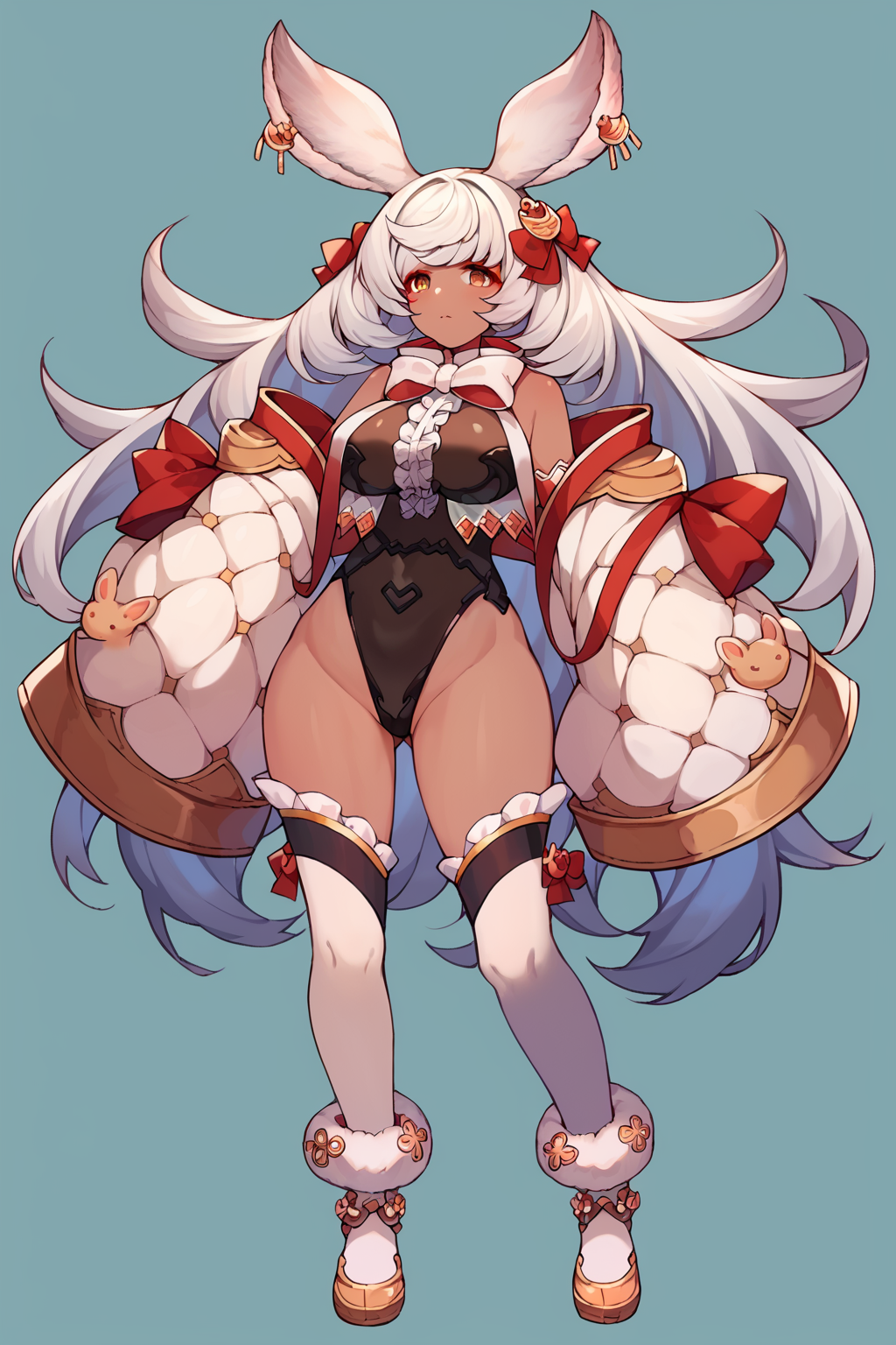 score_9, score_8_up, score_7_up, uncensored, source_anime, 1girl,  <lora:spgbfMakuraXLPony:1> makuradef, rabbit ears, hair bow, black leotard, frills, detached sleeves, white thighhighs, blue background, dated, full body, signature, simple background, white background