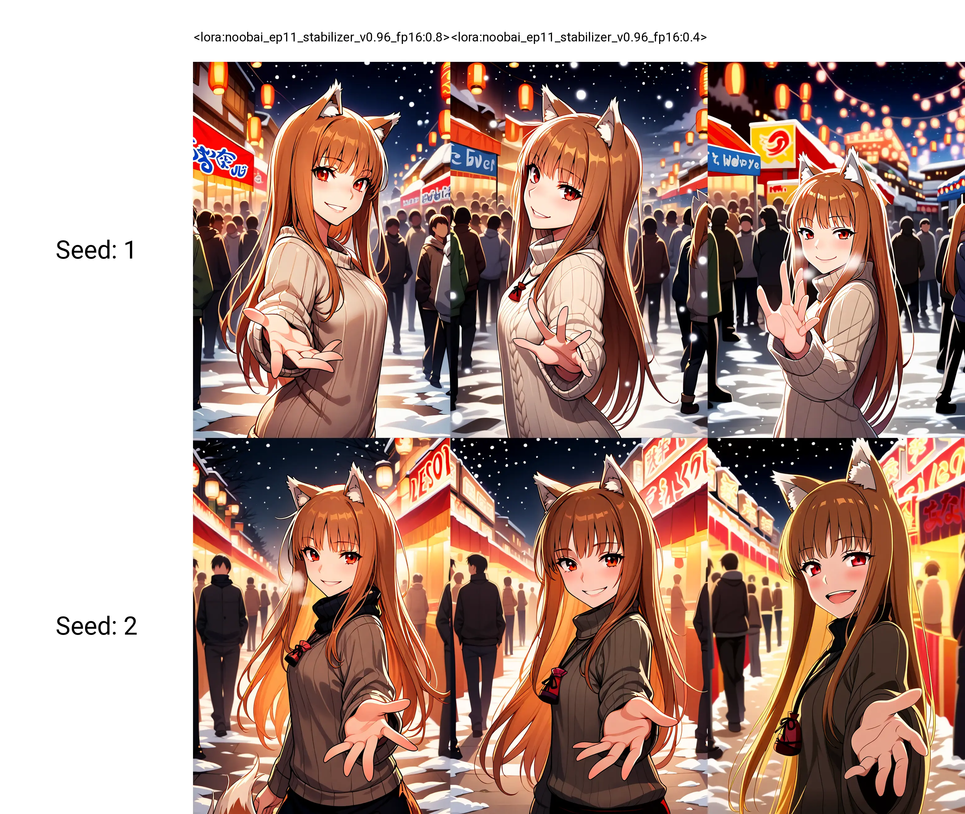 <lora:noobai_ep11_stabilizer_v0.96_fp16:0.8>1girl,holo,spice and wolf,wolf ears,red eyes,smile,sweater,from side,reaching towards viewer,festival,street,people in background,snow,night,masterpiece,