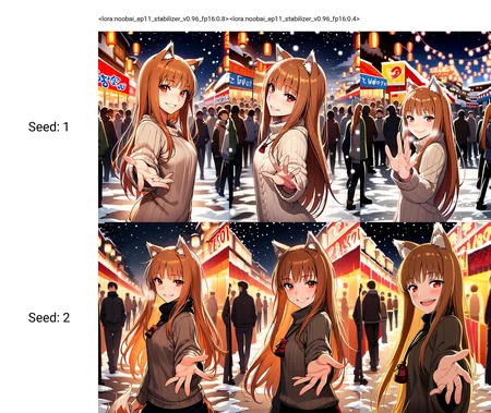 <lora:noobai_ep11_stabilizer_v0.96_fp16:0.8>1girl,holo,spice and wolf,wolf ears,red eyes,smile,sweater,from side,reaching towards viewer,festival,street,people in background,snow,night,masterpiece,